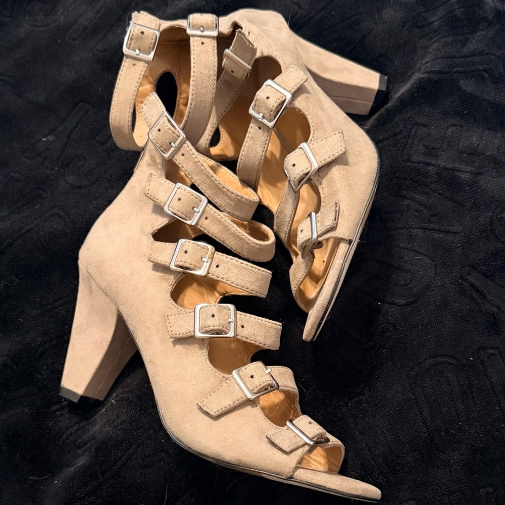 Franco Sarto Tan Multi-Buckle Heels